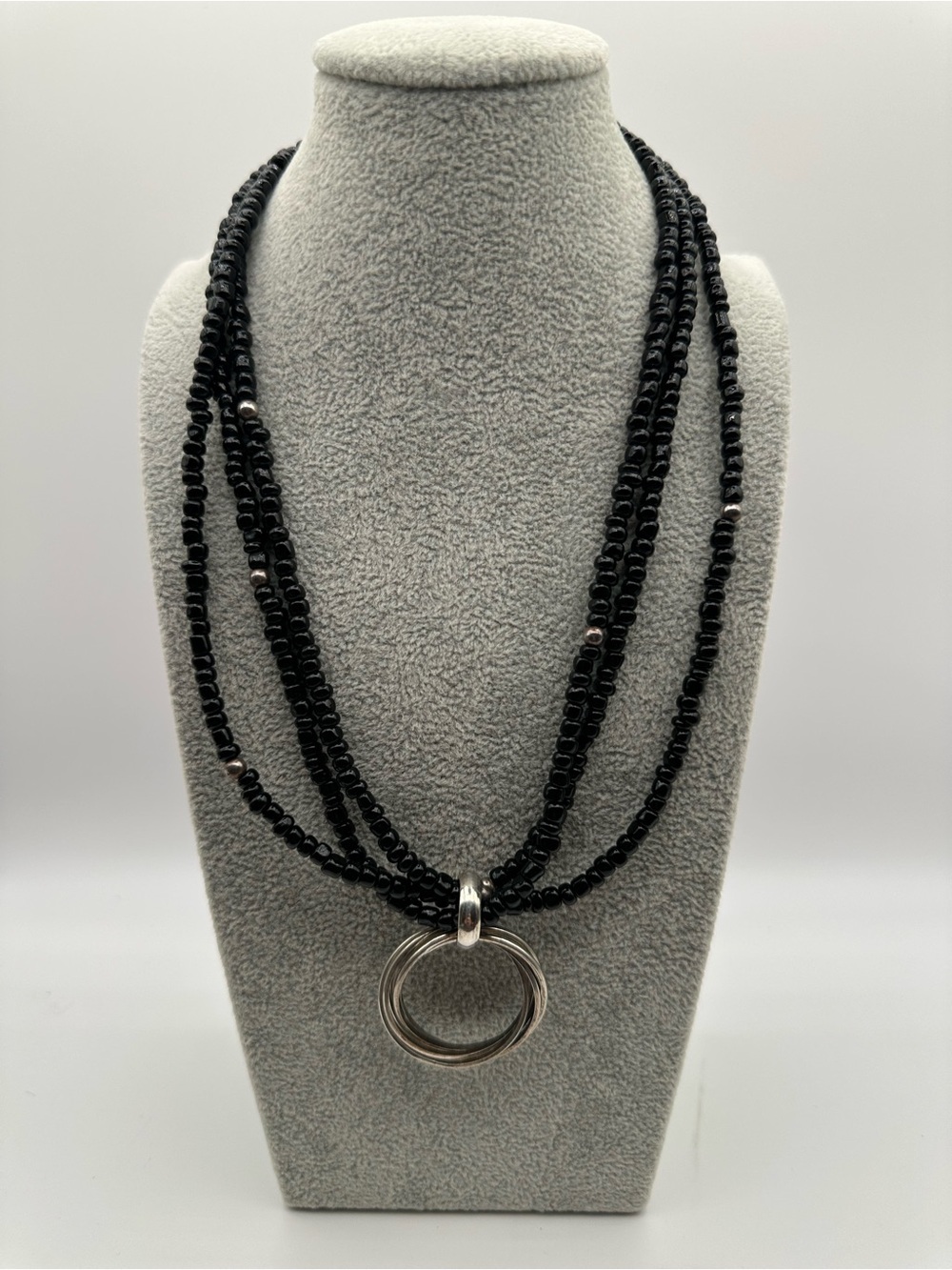 Silpada Sterling Silver Black Glass Seed Bead Multi Strand Ring Pendant Necklace